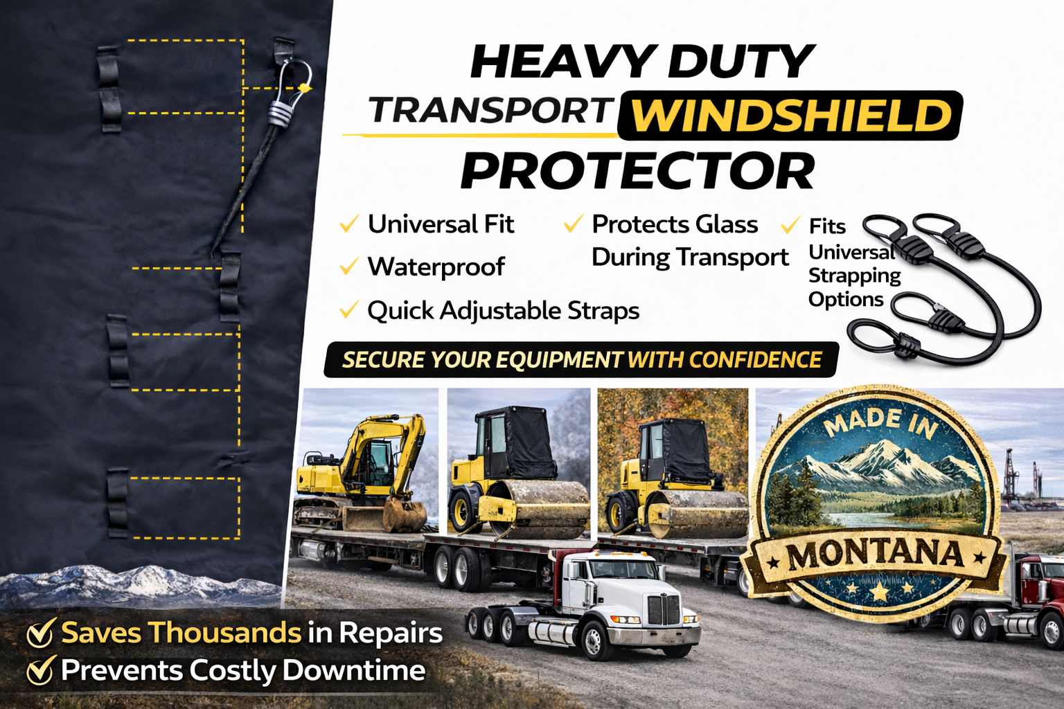 Universal Size Transport Windshield Protector! 3x3, 4x4, 5x5, 6x6, 7x7, 8x8 Custom Designs available! Fold smaller for multiple uses! Any equipment, any size! Great for truck drivers, hauling multiple types of equipment, great for large fleets!